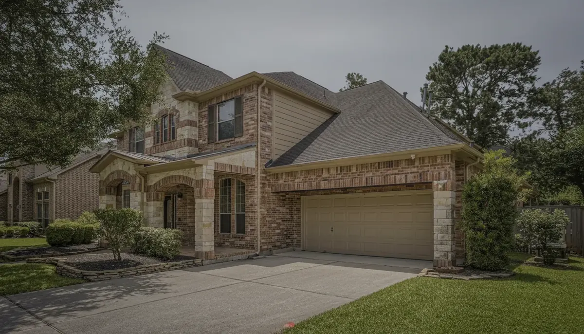 Brick two-story home exterior listing photo before editing, photographed beneath a flat grey sky