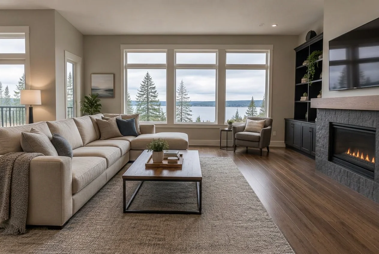 The same lake-view living room after balanced lighting, colour and clarity enhancement