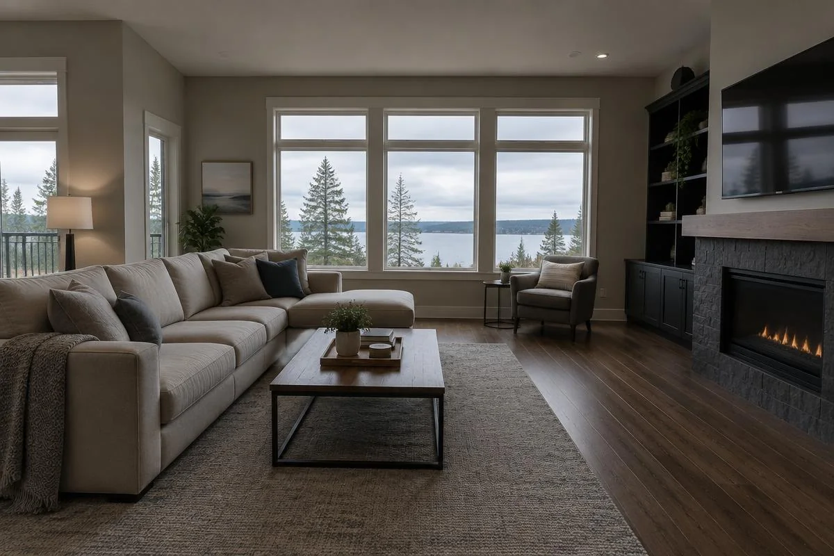 Lake-view living room listing photo before brightness and colour enhancement