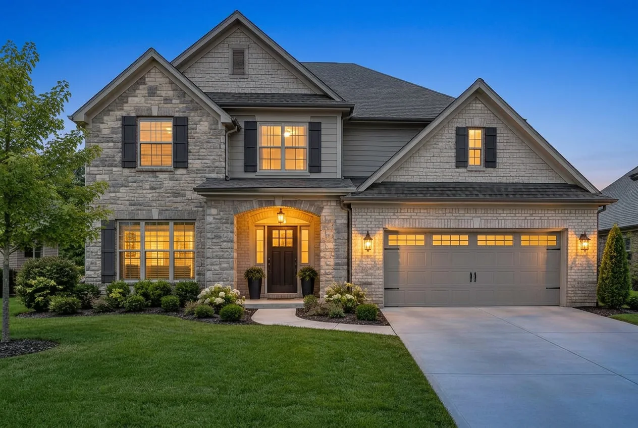 Two-story stone home exterior listing photo after twilight conversion with a blue dusk sky and warm windows
