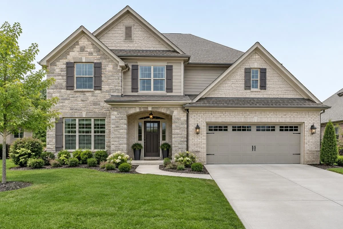 Two-story stone home exterior listing photo before editing in ordinary afternoon daylight