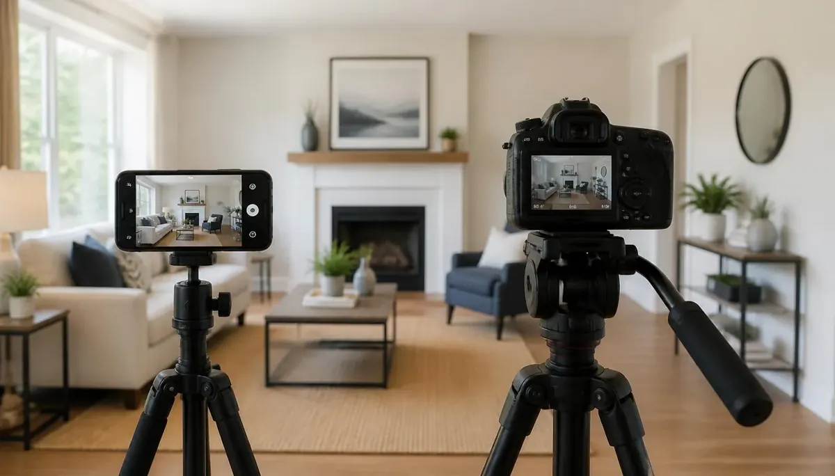 A smartphone on a small tripod beside a DSLR on a tripod, both framing the same staged living room