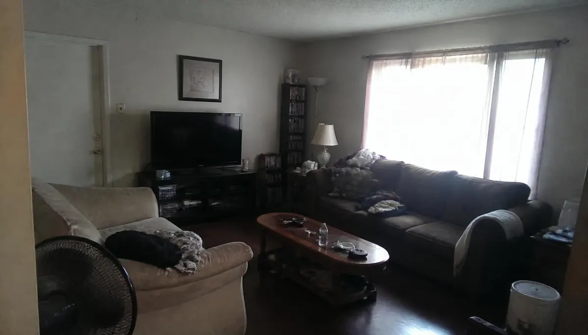Dim cluttered living room with blown-out window light, an example of a poor listing photograph
