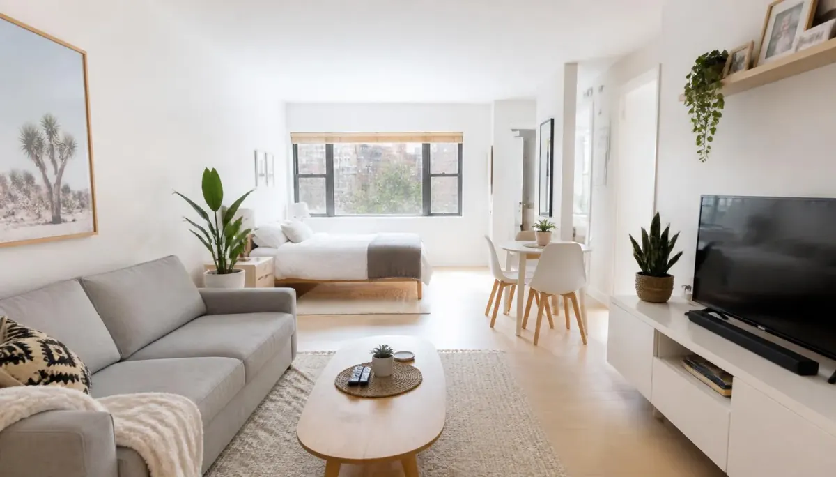 Bright studio apartment photographed from a corner, showing the sofa, bed and dining table in one frame